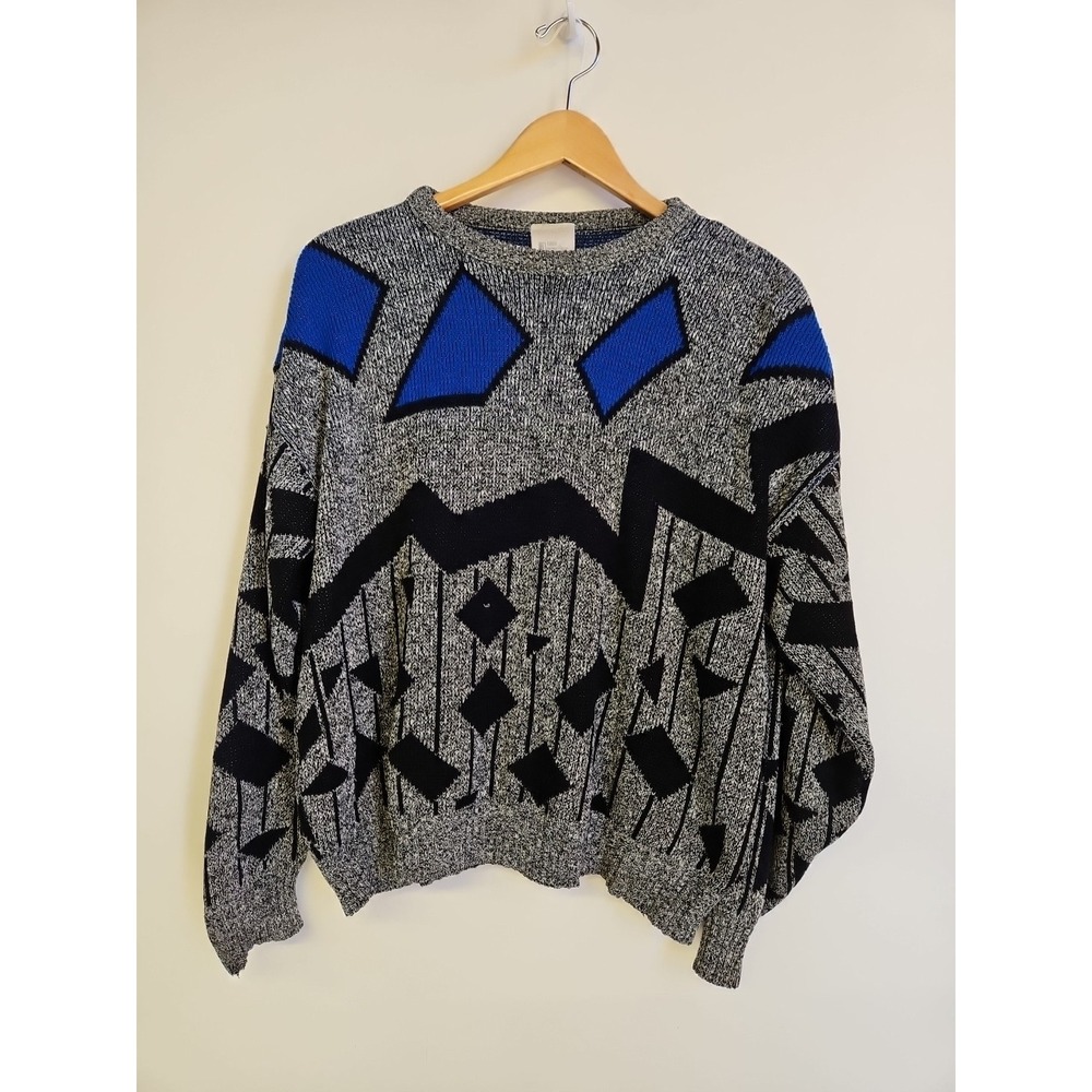 Vintage Men's Knit Sweater Size L Gray and Blue Grandpacore Cosby 80s‎ Casual